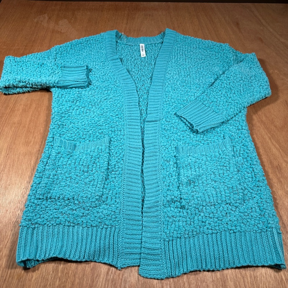 Zenana Premium Cardigan Women Large Teal Popcorn Knit Open Front TW-1937AB